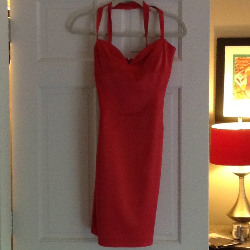 EUC Quality DESIGNED BY Laundry /bright coral-red dress -4 SILK FEEL